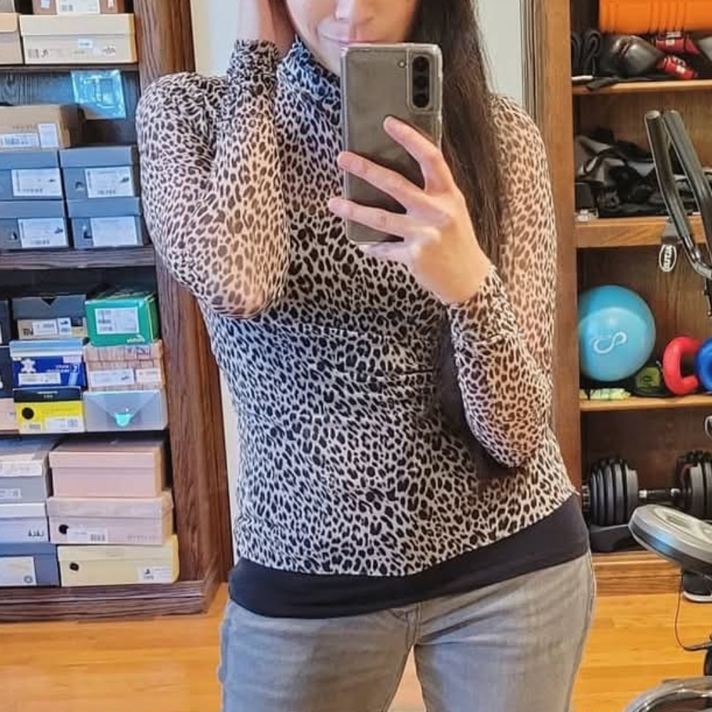 Mesh animal print mock turtle neck top